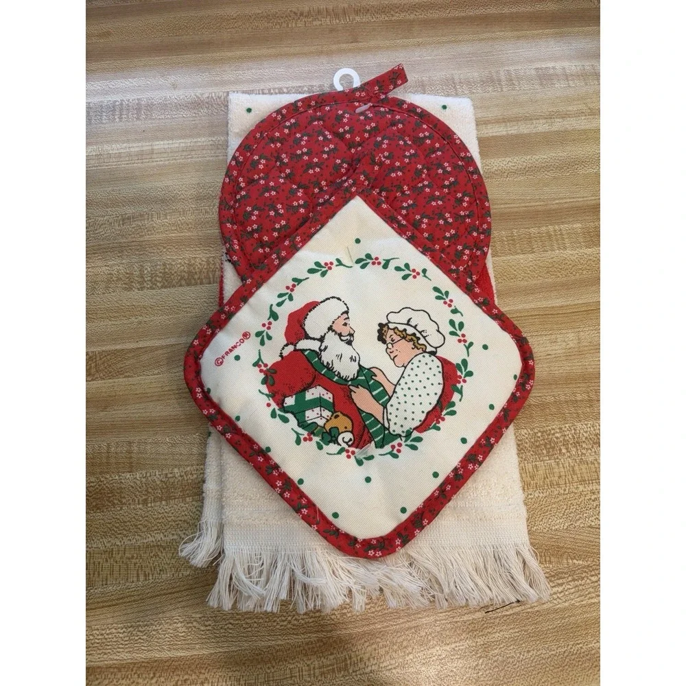 Vintage Cannon Franco Christmas Towels Pot Holders Santa Mrs Claus 4Pc NWOT